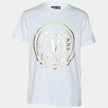 Pre Owned Versace Jeans Couture White/Gold Jersey Logo Print T-Shirt L