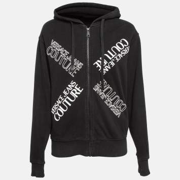 Pre Owned Versace Jeans Couture Black Logo Print Cotton Knit Zip-Up Hoodie S