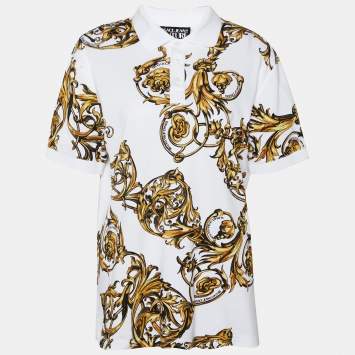 Pre Owned Versace Jeans Couture White Baroque Printed Cotton Pique Polo T-Shirt M