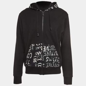 Pre Owned Versace Jeans Couture Black Logo Print Cotton Knit Hooded Sweatshirt L
