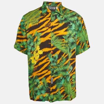 Pre Owned Versace Jeans Couture Green Jungle Print Crepe Short Sleeve Shirt XL