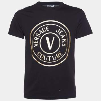 Pre Owned Versace Jeans Couture Black Logo Print Cotton Crew Neck T-Shirt M