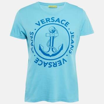 Pre Owned Versace Jeans Blue Anchor Print Jersey V-Neck T-Shirt M