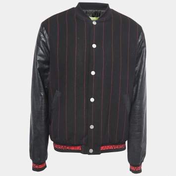Pre Owned Versace Jeans Black Striped Wool Blend Button Front Varsity Jacket L