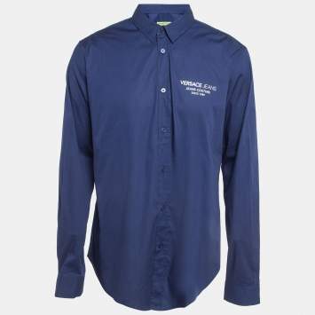 Pre Owned Versace Jeans Blue Logo Print Cotton Basic Slim Easy Shirt XL