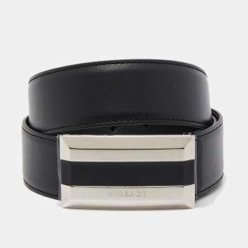 Pre Owned Versace Black Leather Buckle Belt 95CM