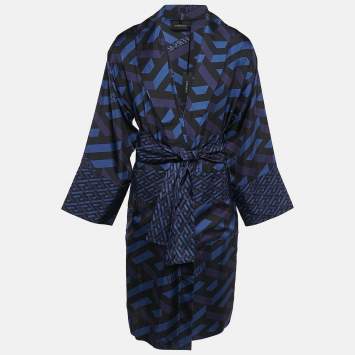 Pre Owned Versace Blue/Black Geometric Print Silk Robe L