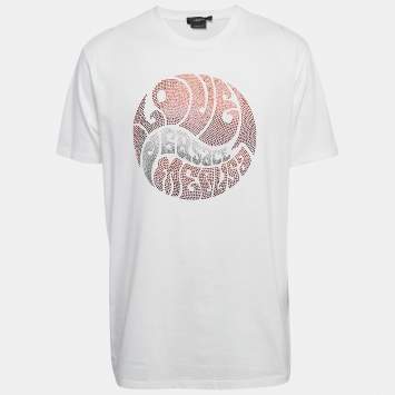 Pre Owned Versace White Rhinestone Logo Jersey Michel Fit T-Shirt L