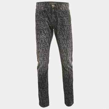 Pre Owned Versace Grey Logo Pattern Denim Skinny Jeans S Waist 32"