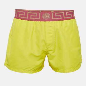 Pre Owned Versace Yellow/Pink Greca Border Synthetic Swim Shorts M