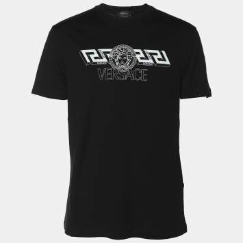 Pre Owned Versace Black Jersey Logo Print T-Shirt M