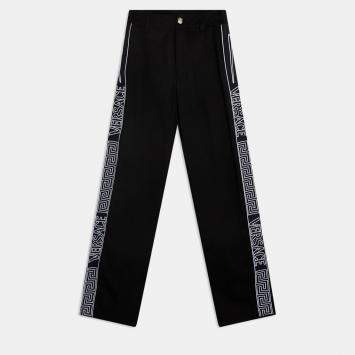Pre Owned Versace Logo Stripe Gabardine Black Cotton Trouser