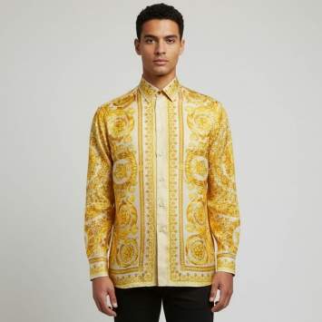 Pre Owned Versace Yellow Barocco Print Silk Button Up Shirt L
