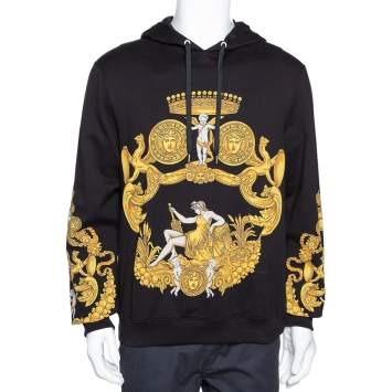 Pre Owned Versace Black & Yellow Baroque Print Cotton Hoodie XL