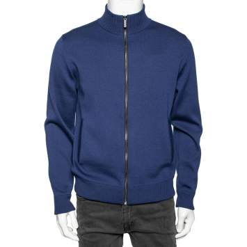 Pre Owned Versace Blue Wool & Leather Medusa Appliqued Zip Front Jacket S 