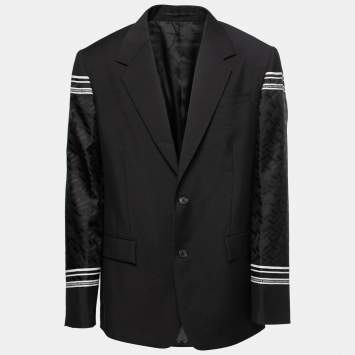 Pre Owned Versace Black Wool Greca Sleeves Single-Breasted Blazer L