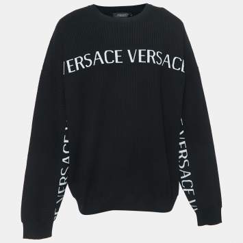 Pre Owned Versace Black Ribbed Knit Logo Sweater 4XL