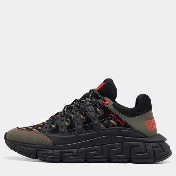 Pre Owned Versace Black Leather And Suede Trigreca Lace Up Sneakers 45