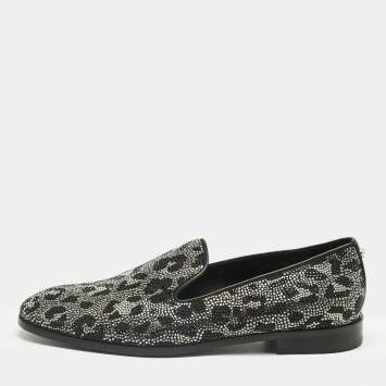 Pre Owned Versace Black/Silver Leather Crystal Embellished Slip On Loafers Size 45