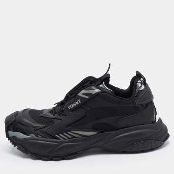 Pre Owned Versace Trigreca Size 44 Black/Silver Canvas and Leather Lace Up Sneakers