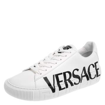 Pre Owned Versace White Leather Greca Logo Low Top Sneakers Size 43.5