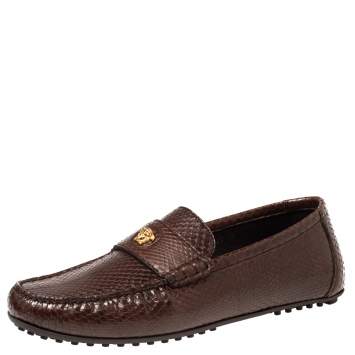 Pre Owned Versace Brown Snakeskin Leather Medusa Slip On Loafers Size 42