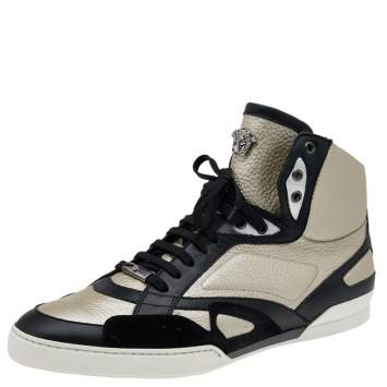 Pre Owned Versace Light Gold/Black Leather and Suede High Top Sneakers Size 45