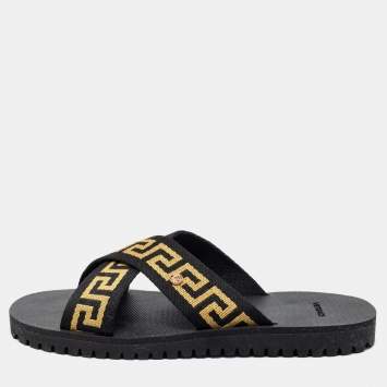 Pre Owned Versace Black/Gold Canvas Nastro Greca Cross Strap Sandals Size 41