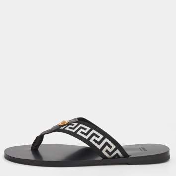 Pre Owned Versace Black/White Leather And Fabric Greca Flat Slide Sandals Size 44