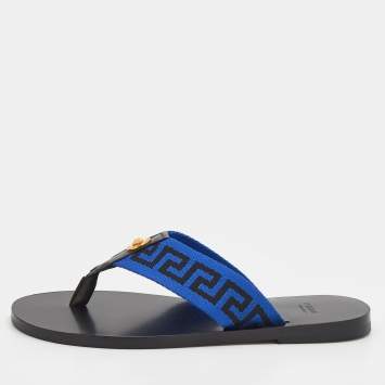 Pre Owned Versace Black/Blue Leather And Fabric Greca Flat Slide Sandals Size 44