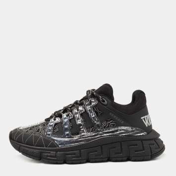 Pre Owned Versace Black Leather and Fabric Trigreca Low Top Sneakers Size 42
