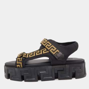 Pre Owned Versace Black Canvas and Fabric La Greca Platform Sandals Size 42