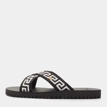 Pre Owned  Versace Black/ White  Canvas Nastro Greca Cross Strap Sandals Size 45