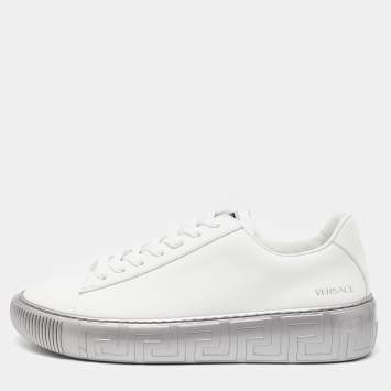 Pre Owned Versace White/Silver Leather Greca Sneakers Size 43