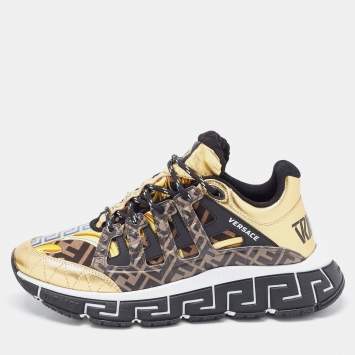 Pre Owned Versace x Fendi Fendace Multicolor Leather and Canvas Trigreca Sneakers Size 41