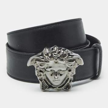 Pre Owned Versace Black Leather La Medusa Buckle Belt 105 CM