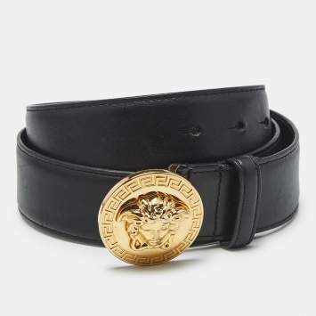 Pre Owned Versace Black Leather Medussa Head Buckle Belt 95 CM