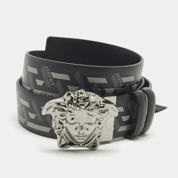 Pre Owned Versace Medusa Head 85CM Black/Grey La Greca Print Leather Belt 
