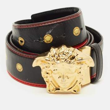 Pre Owned Versace La Medusa Belt Black/Red Printed Leather