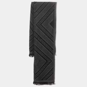 Pre Owned Versace Grey/Black Medusa Head Jacquard Wool Muffler 