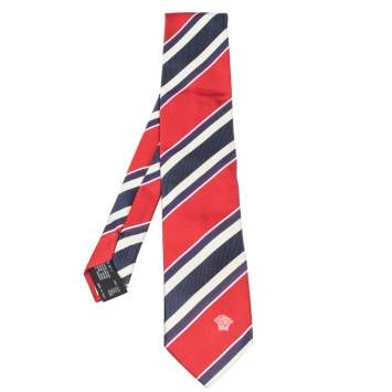 Pre Owned Versace Red & Blue Diagonal Striped Silk Jacquard Tie