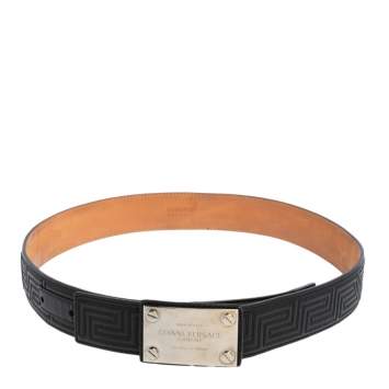 Pre Owned  Versace Black Quilted Leather Logo Plaque Buckle Belt 90 CM