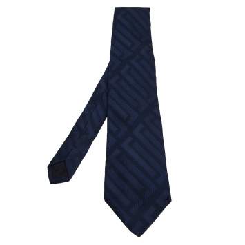 Pre Owned Versace Navy Blue Logo Pattern Jacquard Silk Tie