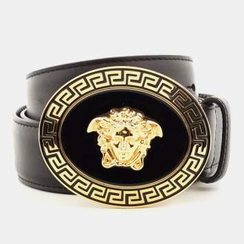 Pre Owned Versace Black Leather Medusa Buckle Belt 105CM