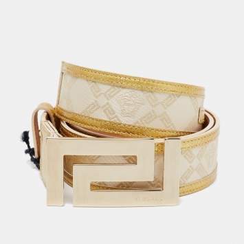 Pre Owned Versace Light Beige/Gold Jacquard And Textured Patent Leather Buckle Belt 95CM