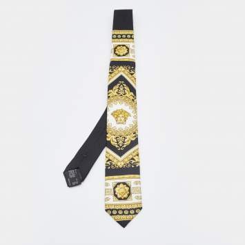 Pre Owned Versace Black & Gold Medusa Barocco Print Silk Tie