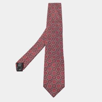 Pre Owned Versace Red Floral Motif Jacquard Silk Tie
