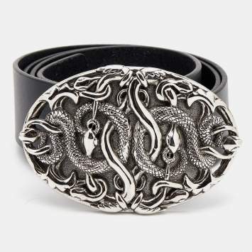 Pre Owned Versace Black Leather Snake Buckle Belt 95CM