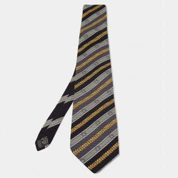 Pre Owned Gianni Versace Vintage Navy Blue & Grey Printed Silk Traditional Tie