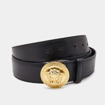 Pre Owned Versace Black Leather Medusa Head Buckle Belt 115CM